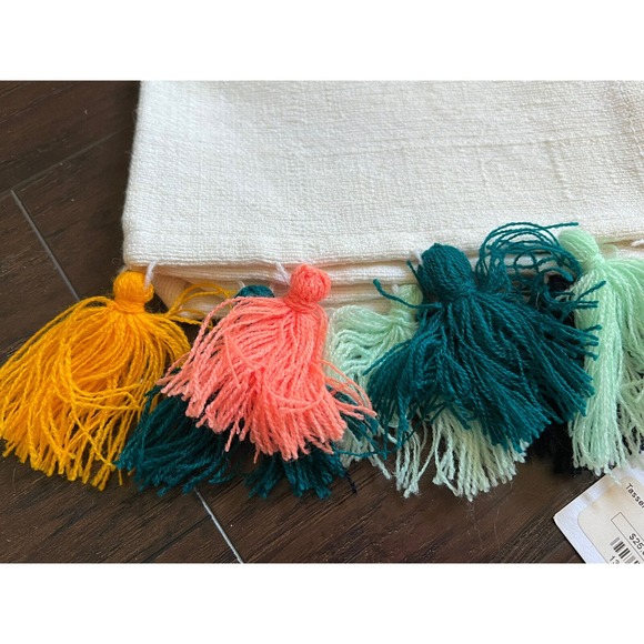 Lot of 2 TASSEL WHITE LINEN MINT CORAL ORANGE TEAL KITCHEN Tea TOWEL NWT - Picture 2 of 6